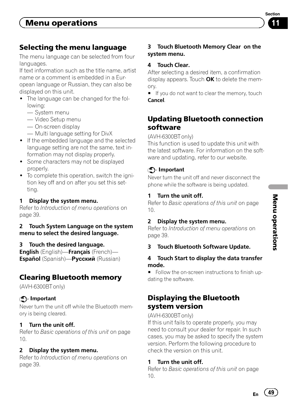 Menu operations, Selecting the menu language, Updating bluetooth connection software | Displaying the bluetooth system version | Pioneer AVH-6300BT User Manual | Page 49 / 76