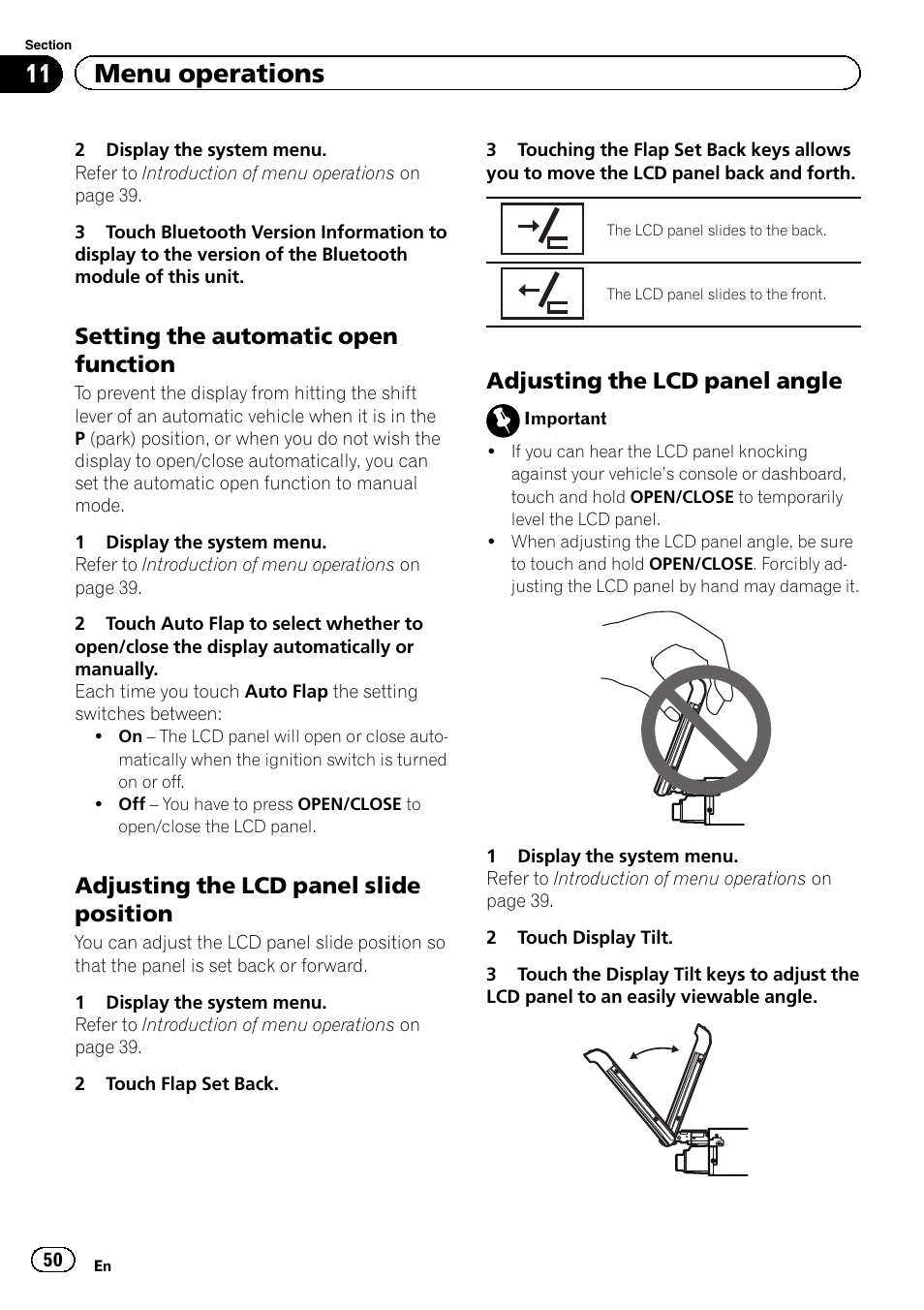 11 menu operations, Setting the automatic open function, Adjusting the lcd panel slide position | Adjusting the lcd panel angle | Pioneer AVH-6300BT User Manual | Page 50 / 76