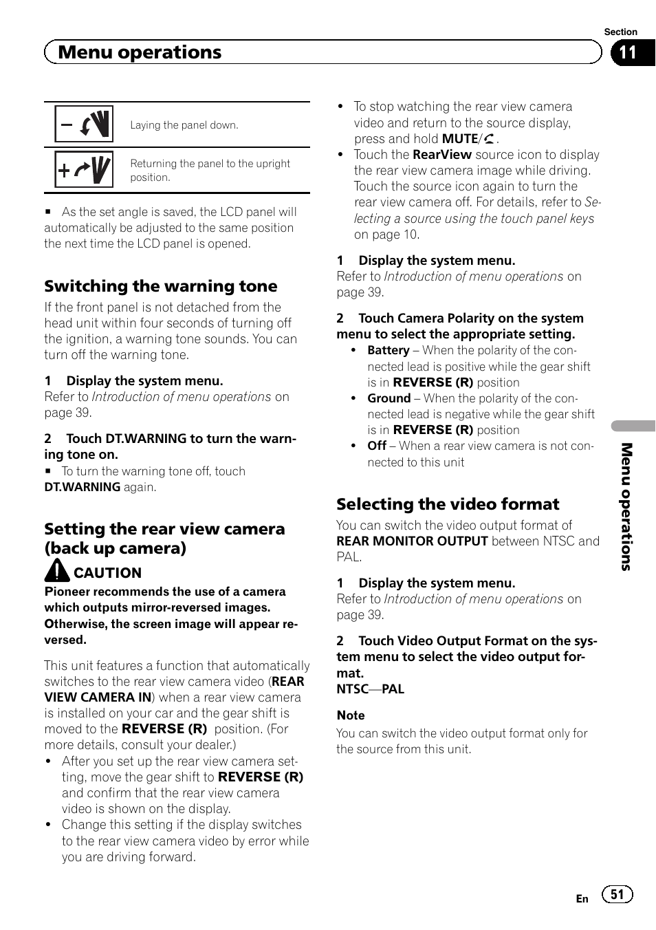Menu operations, Switching the warning tone, Setting the rear view camera (back up camera) | Selecting the video format | Pioneer AVH-6300BT User Manual | Page 51 / 76