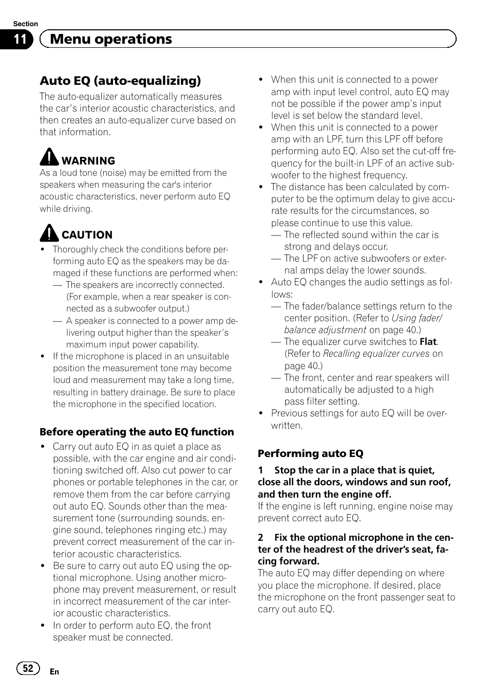 11 menu operations, Auto eq (auto-equalizing) | Pioneer AVH-6300BT User Manual | Page 52 / 76