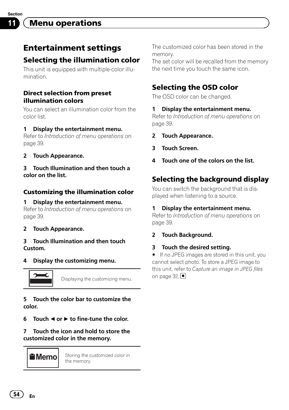 Entertainment settings, Select, 11 menu operations | Selecting the illumination color, Selecting the osd color, Selecting the background display | Pioneer AVH-6300BT User Manual | Page 54 / 76