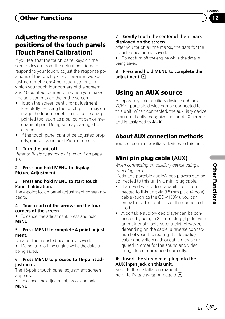 Adjusting the response positions of the, Touch panels (touch panel calibration), Using an aux source | Other functions | Pioneer AVH-6300BT User Manual | Page 57 / 76
