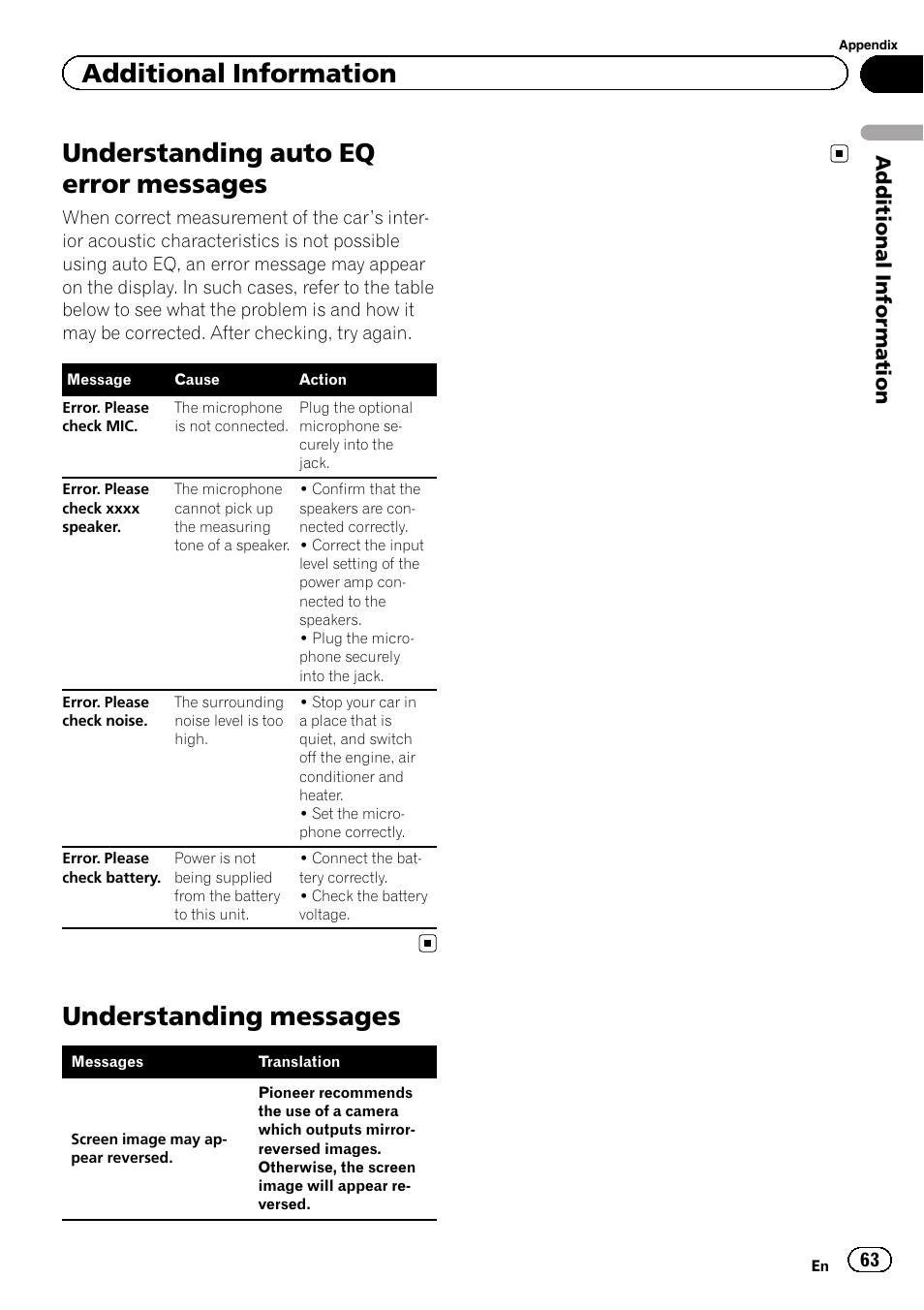 Understanding auto eq error messages, Understanding messages, Additional information | Pioneer AVH-6300BT User Manual | Page 63 / 76