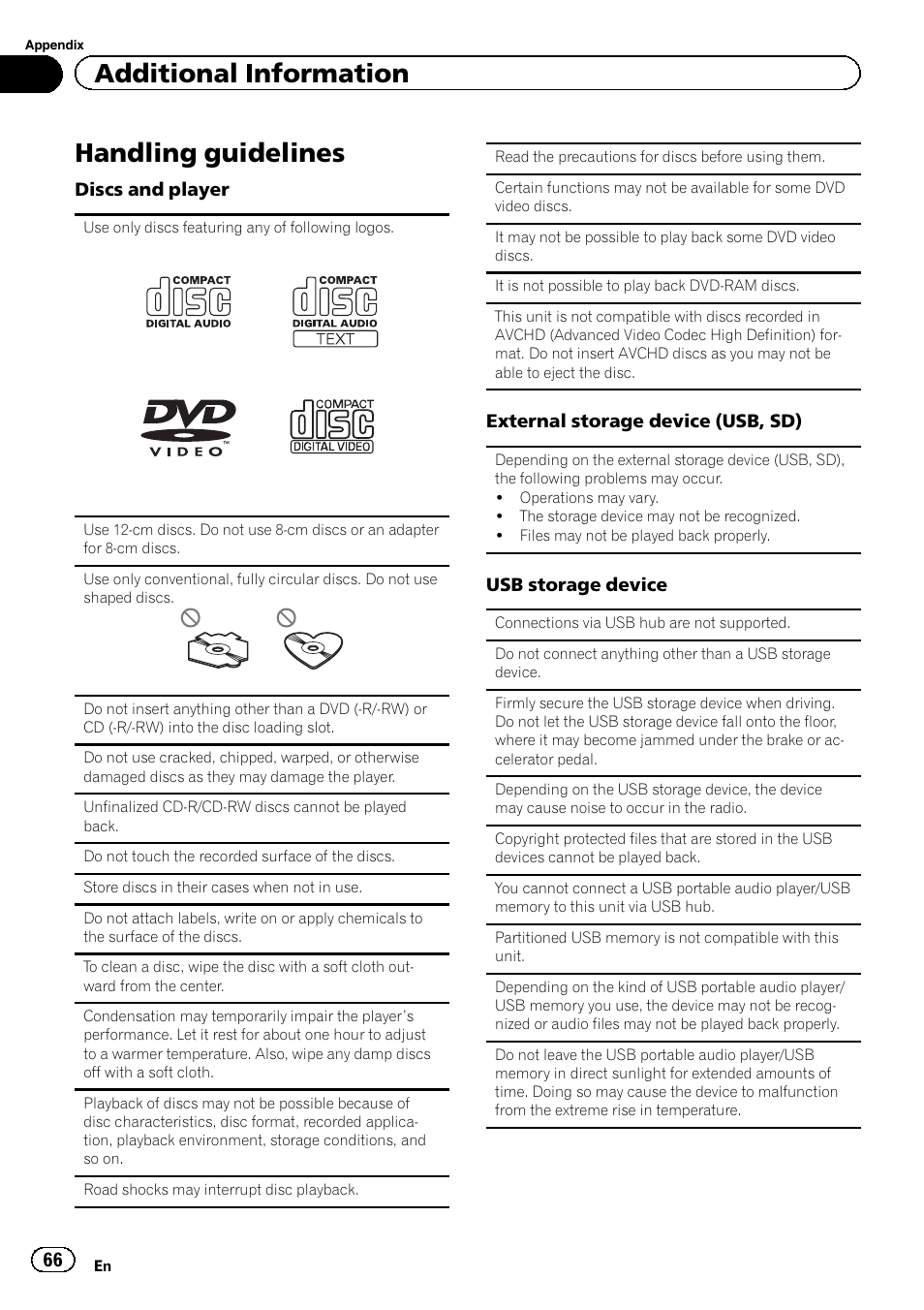 Handling guidelines 66, Handling guidelines, Additional information | Pioneer AVH-6300BT User Manual | Page 66 / 76