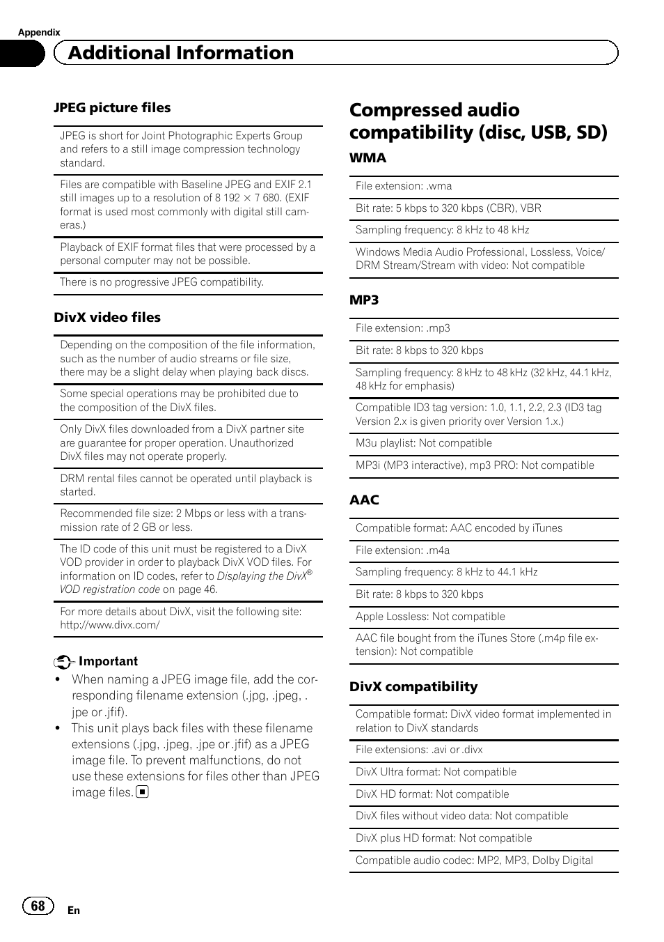 Compressed audio compatibility (disc, usb, Compressed audio compatibility (disc, usb, sd), Additional information | Pioneer AVH-6300BT User Manual | Page 68 / 76