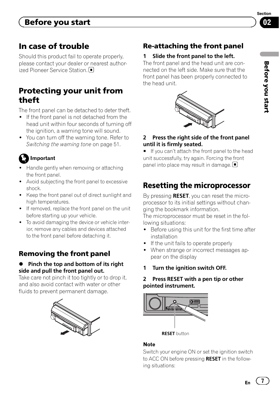 In case of trouble, Protecting your unit from theft, Resetting the microprocessor | Before you start, Removing the front panel, Re-attaching the front panel | Pioneer AVH-6300BT User Manual | Page 7 / 76