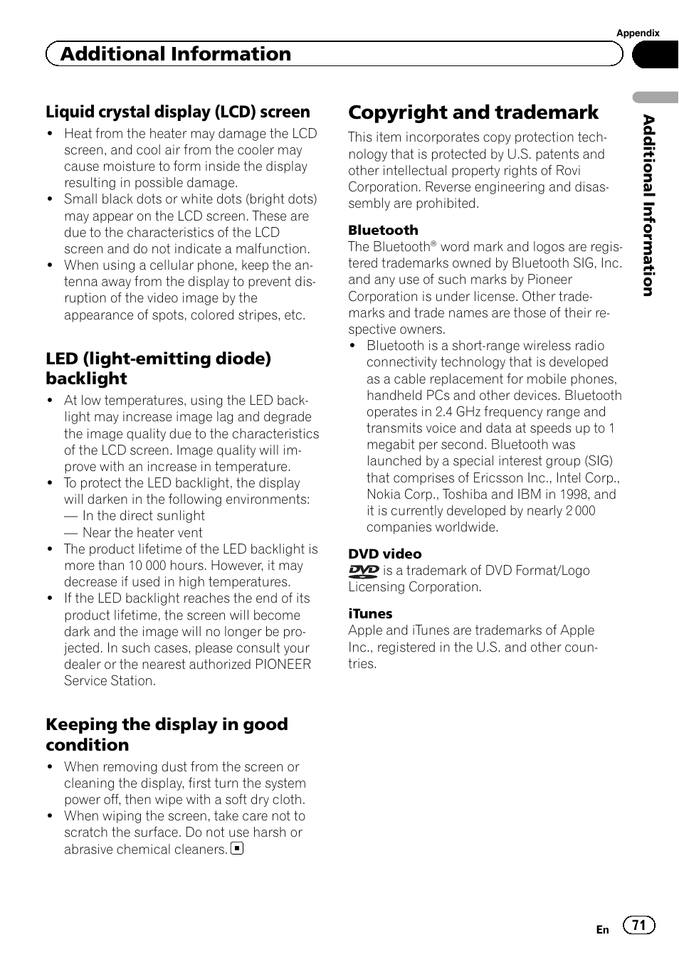 Copyright and trademark, Additional information, Liquid crystal display (lcd) screen | Led (light-emitting diode) backlight, Keeping the display in good condition | Pioneer AVH-6300BT User Manual | Page 71 / 76