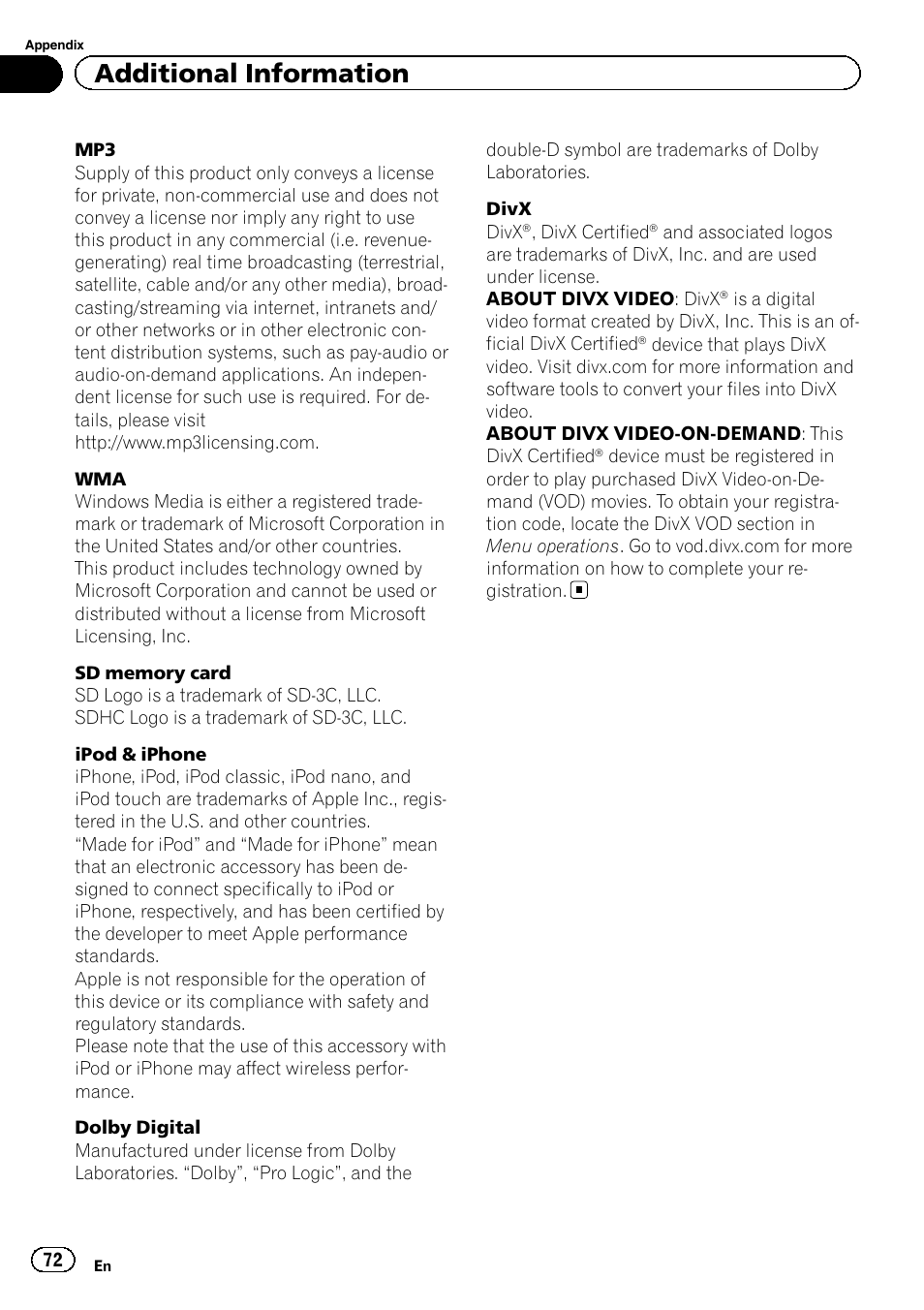 Additional information | Pioneer AVH-6300BT User Manual | Page 72 / 76