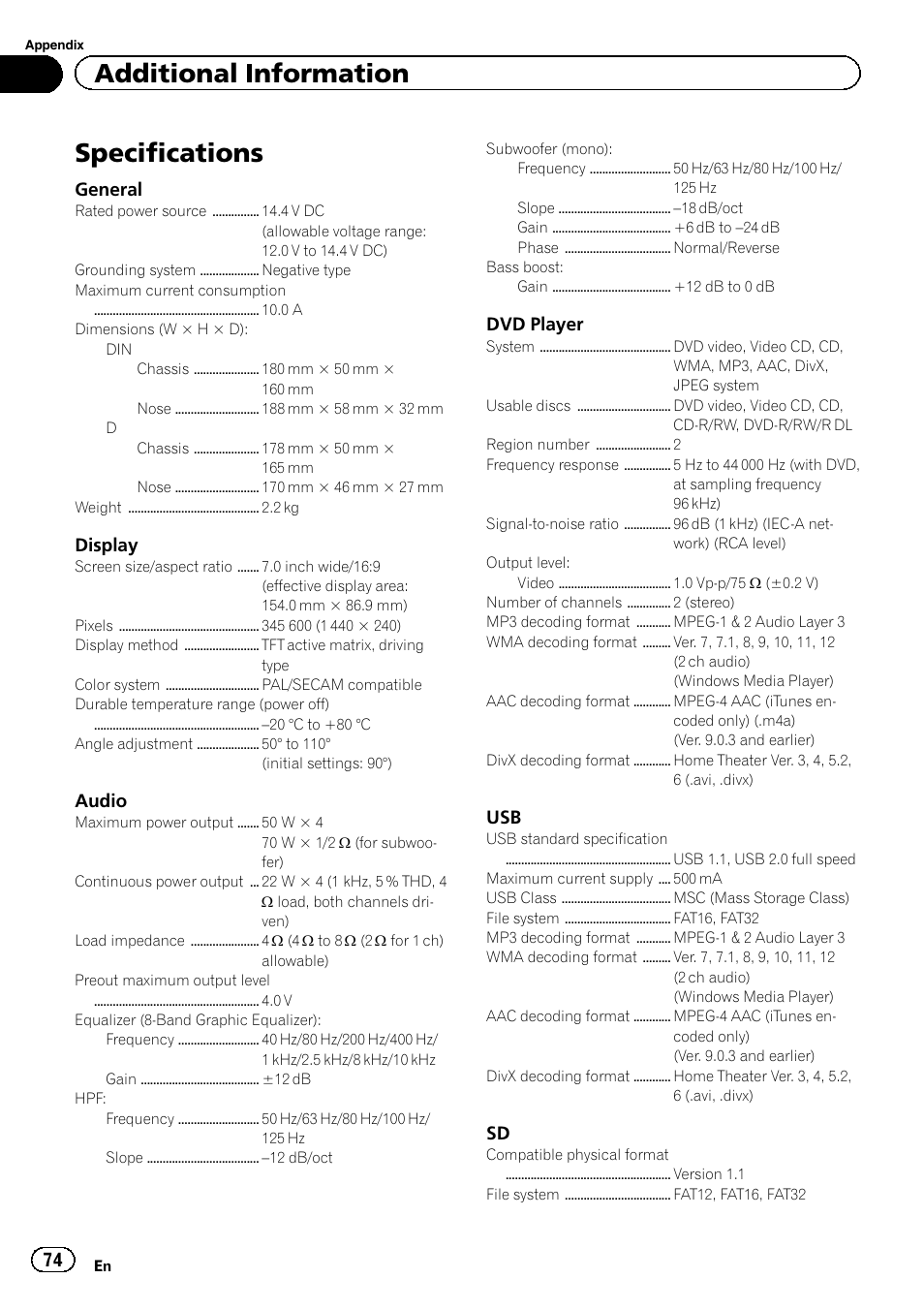 Specifications, Additional information | Pioneer AVH-6300BT User Manual | Page 74 / 76