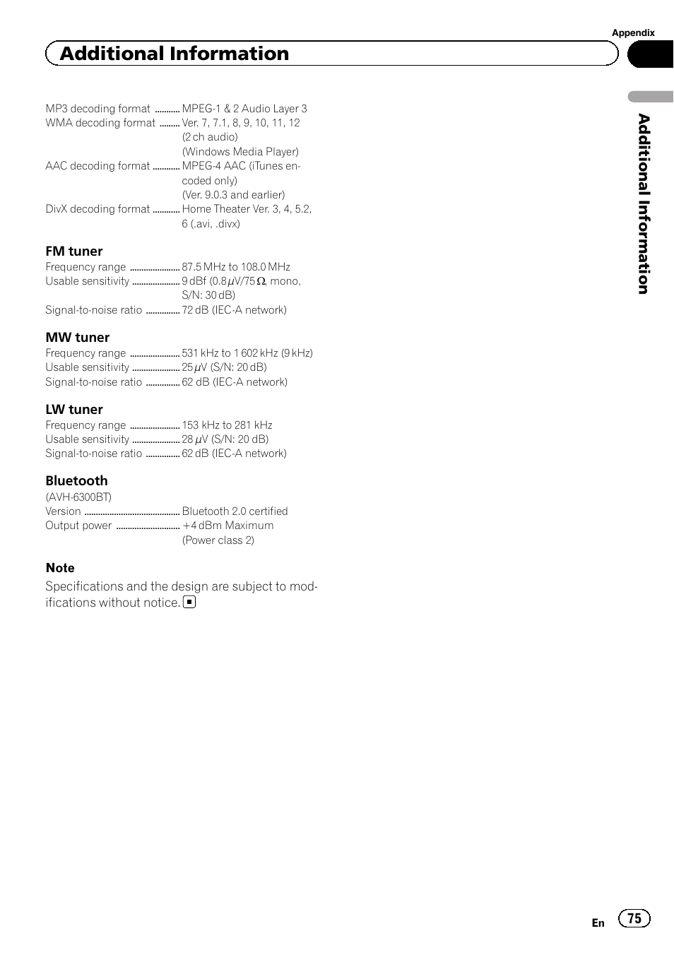 Additional information | Pioneer AVH-6300BT User Manual | Page 75 / 76