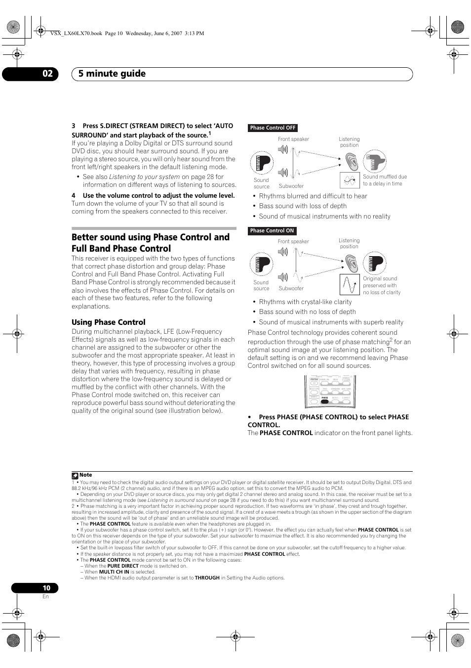 Using phase control, 5 minute guide 02 | Pioneer VSX-LX70 User Manual | Page 10 / 99