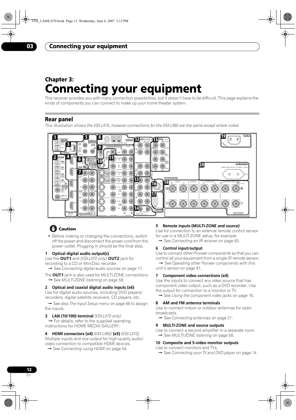 03 connecting your equipment, Rear panel, Connecting your equipment | Connecting your equipment 03, Chapter 3 | Pioneer VSX-LX70 User Manual | Page 12 / 99