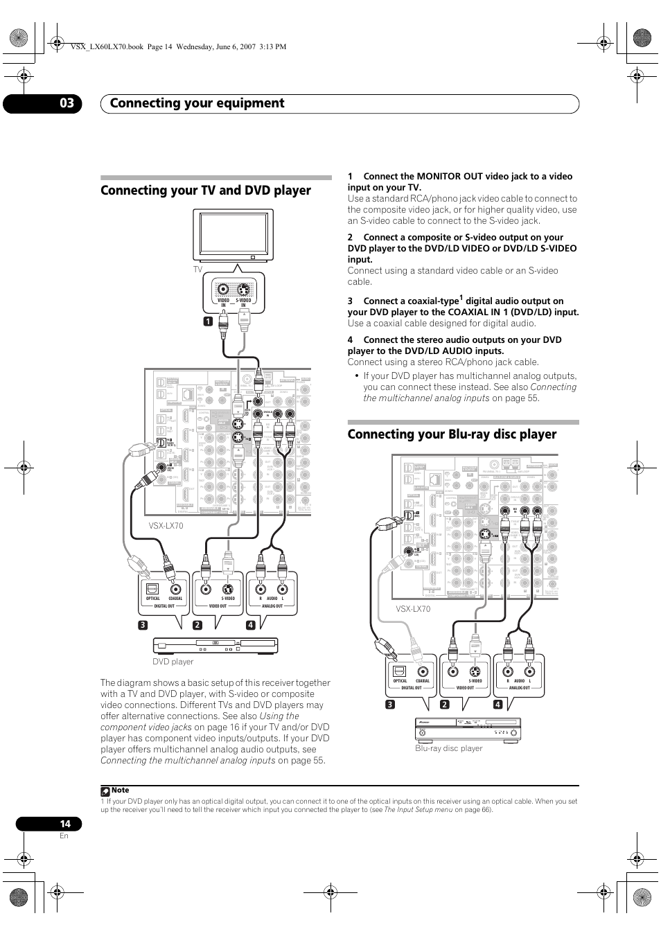 Connecting your equipment 03, Connecting your tv and dvd player, Connecting your blu-ray disc player | Dvd player, Blu-ray disc player, Video in s-video in | Pioneer VSX-LX70 User Manual | Page 14 / 99