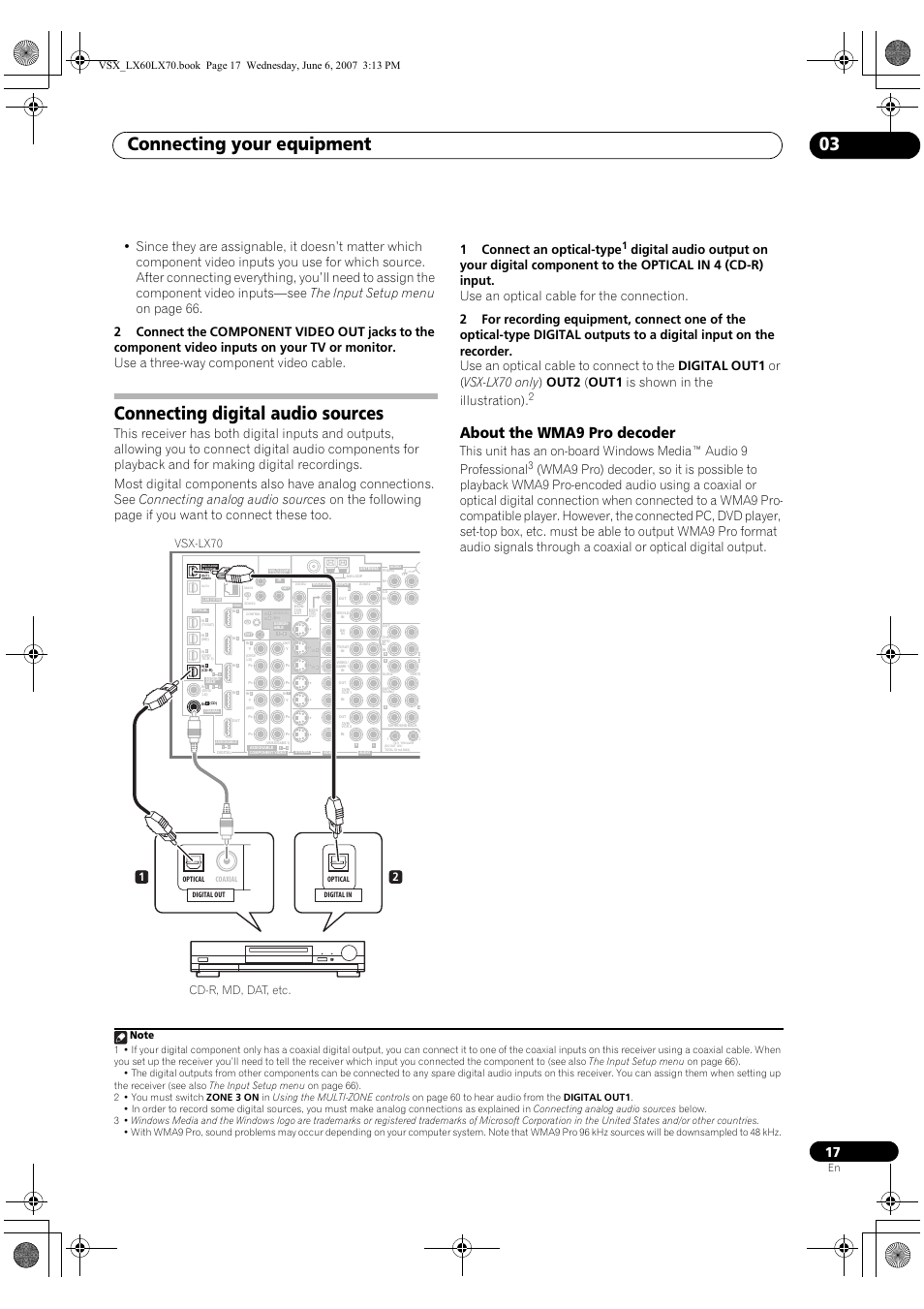 Connecting digital audio sources, About the wma9 pro decoder, Connecting your equipment 03 | Vsx-lx70, Cd-r, md, dat, etc. 1 2 | Pioneer VSX-LX70 User Manual | Page 17 / 99