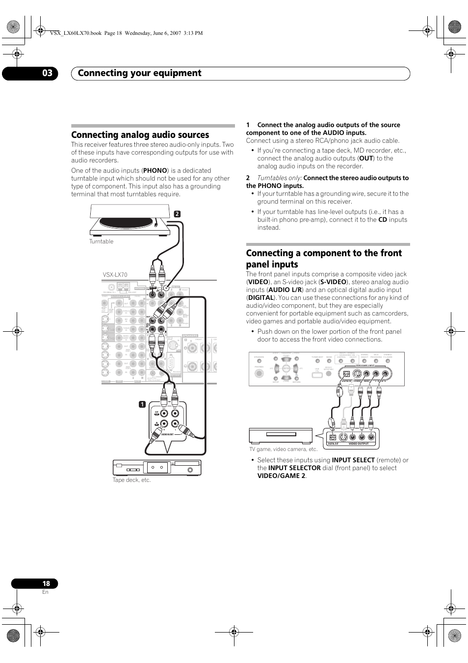 Connecting your equipment 03, Connecting analog audio sources, Connecting a component to the front panel inputs | Vsx-lx70, 21 turntable tape deck, etc, Tv game, video camera, etc | Pioneer VSX-LX70 User Manual | Page 18 / 99