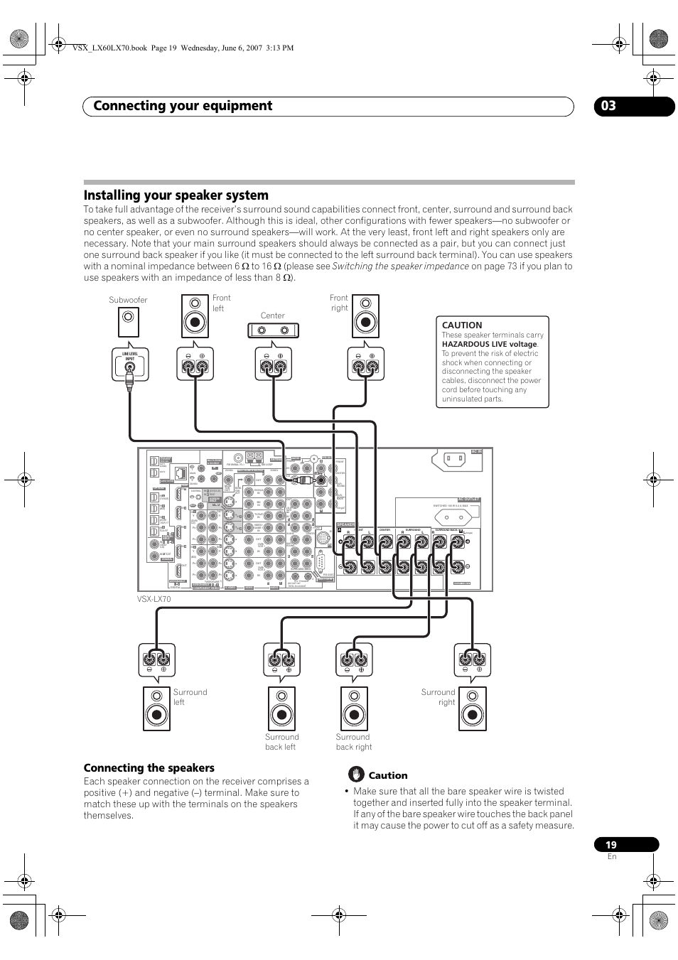 Installing your speaker system, Connecting the speakers, Connecting your equipment 03 | Caution, Subwoofer | Pioneer VSX-LX70 User Manual | Page 19 / 99