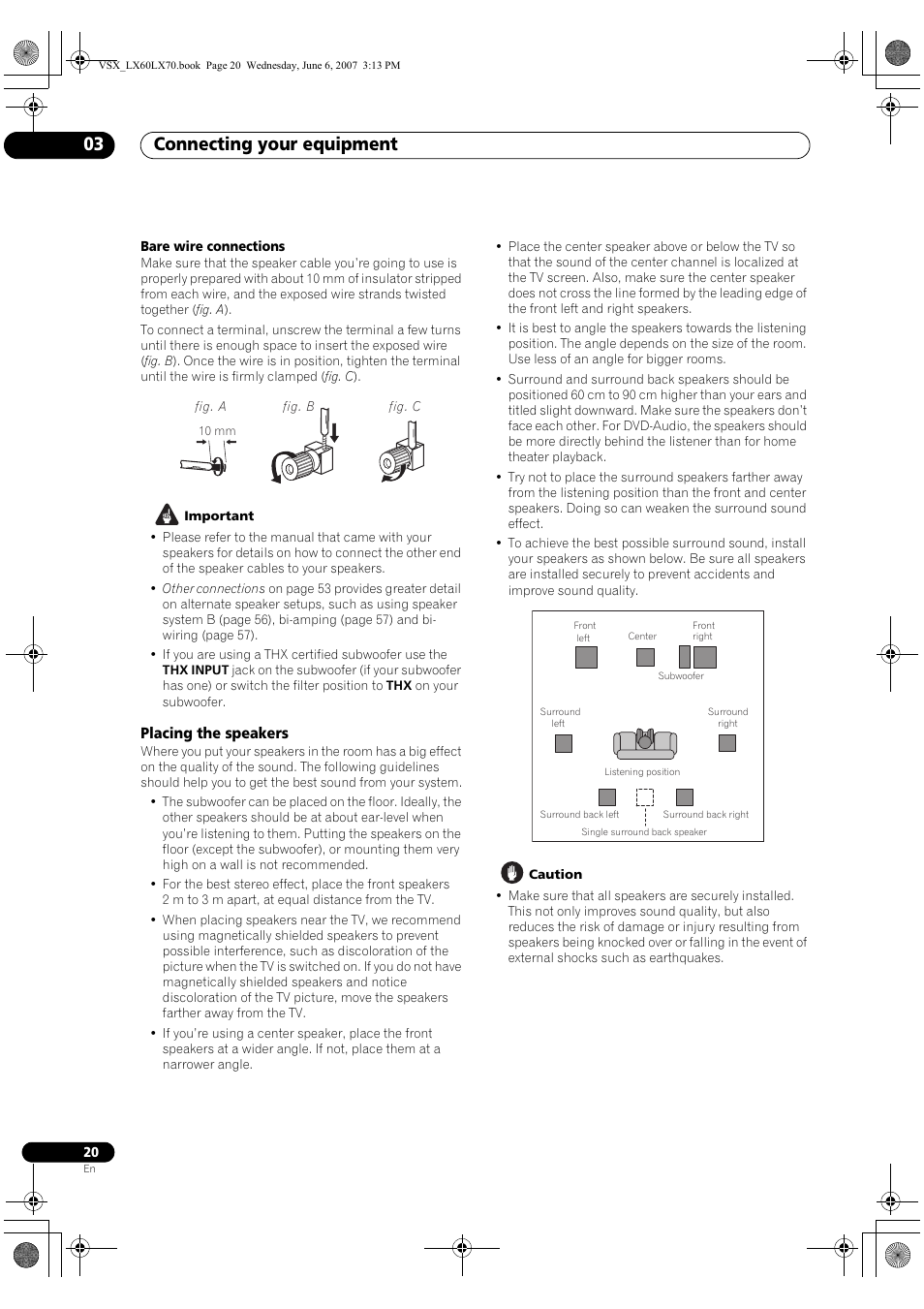 Placing the speakers, Connecting your equipment 03 | Pioneer VSX-LX70 User Manual | Page 20 / 99