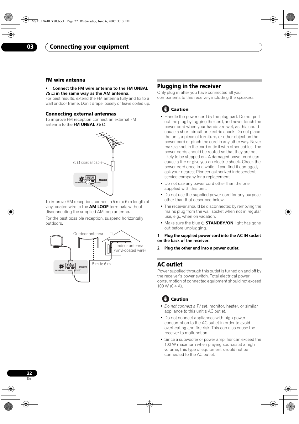 Fm wire antenna connecting external antennas, Plugging in the receiver ac outlet, Connecting your equipment 03 | Plugging in the receiver, Ac outlet | Pioneer VSX-LX70 User Manual | Page 22 / 99