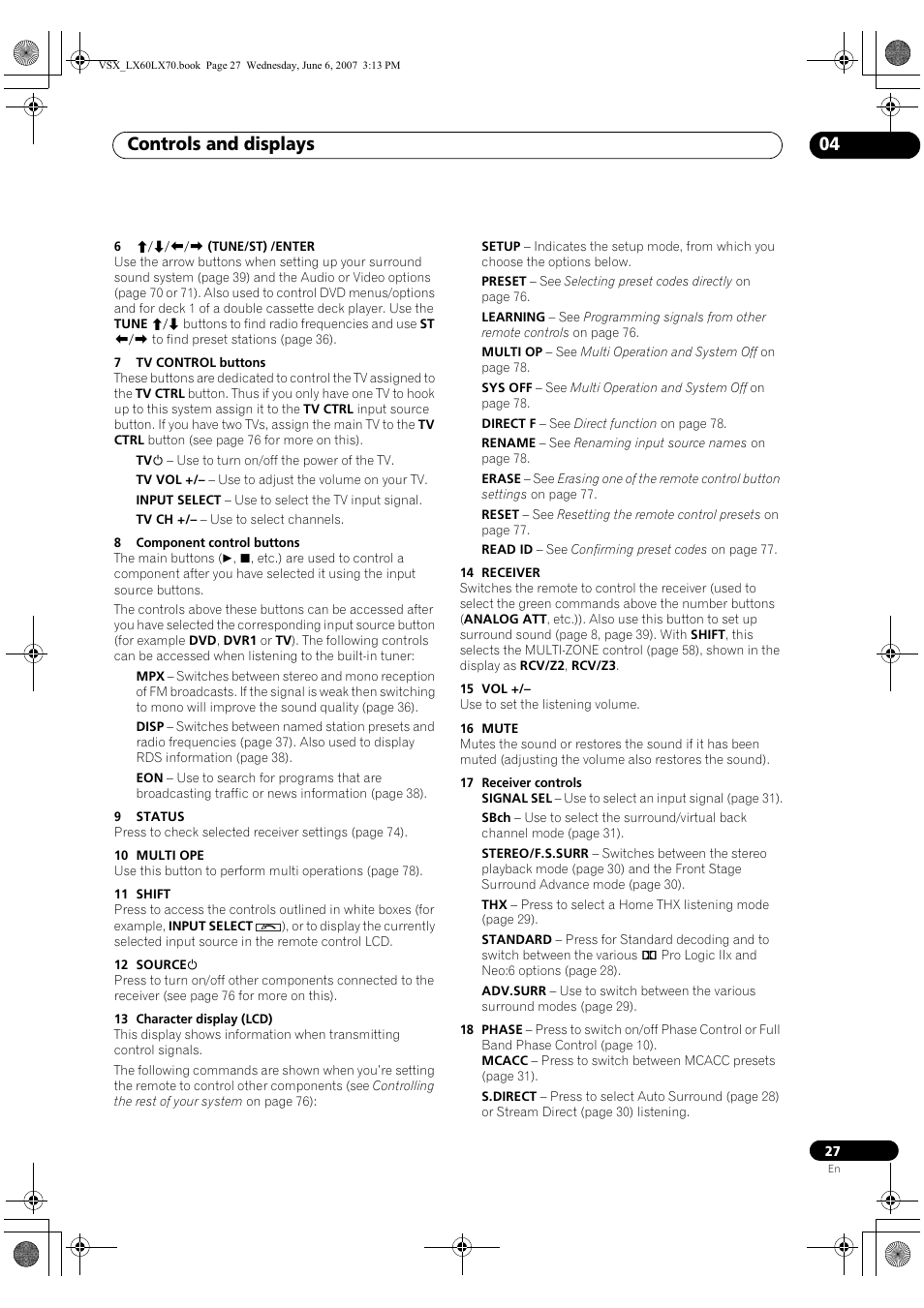 Controls and displays 04 | Pioneer VSX-LX70 User Manual | Page 27 / 99