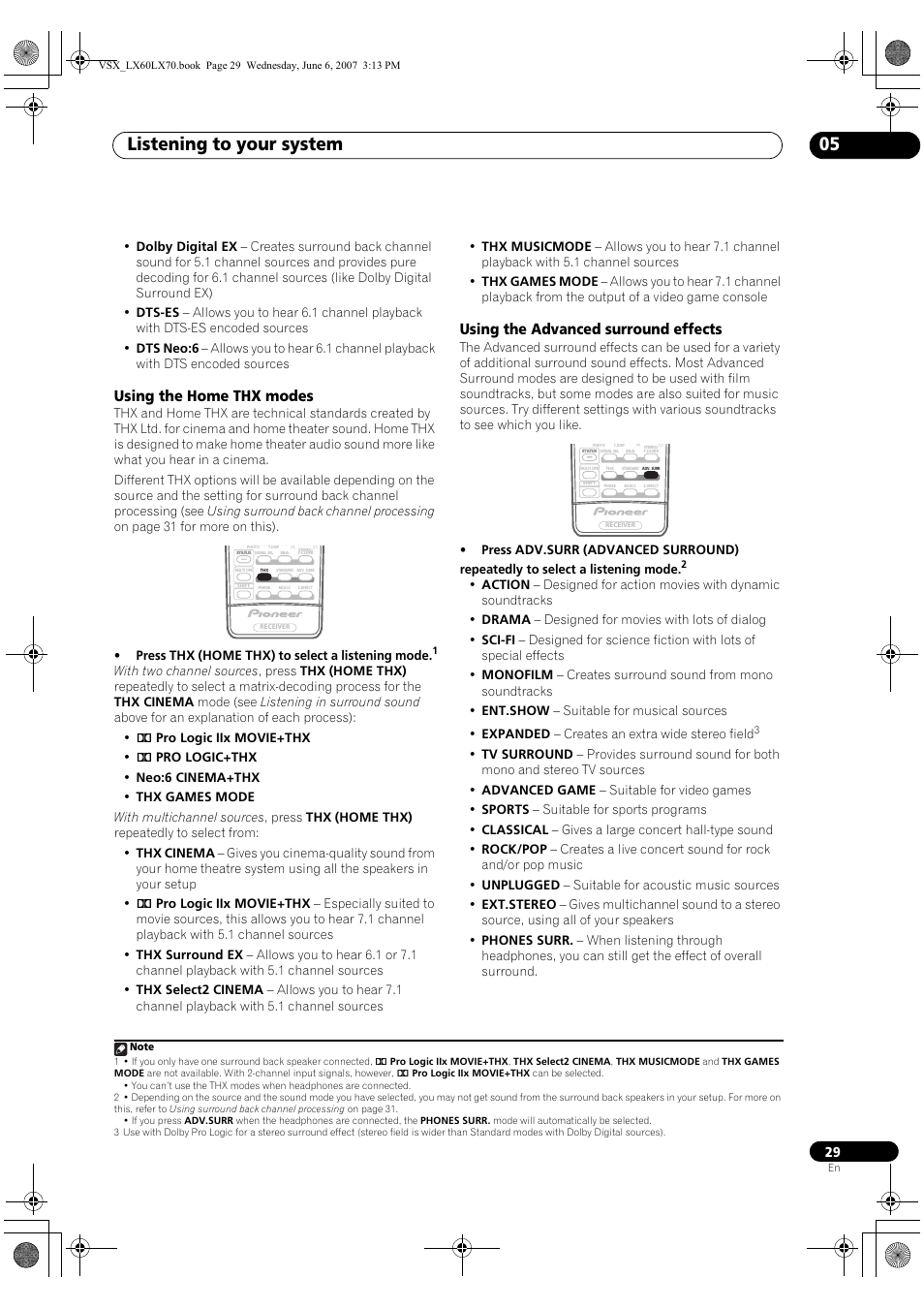Listening to your system 05, Using the home thx modes, Using the advanced surround effects | Pioneer VSX-LX70 User Manual | Page 29 / 99