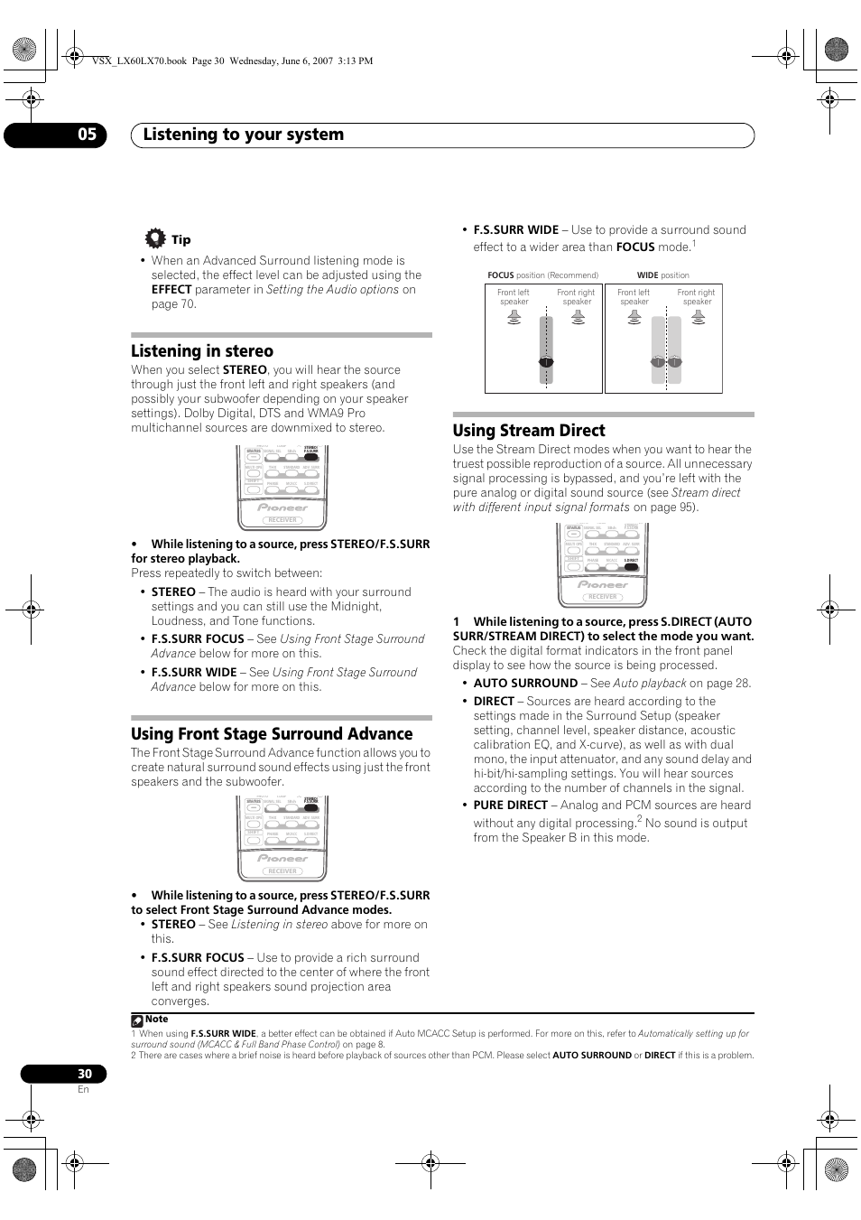 Listening to your system 05, Listening in stereo, Using front stage surround advance | Using stream direct, No sound is output from the speaker b in this mode | Pioneer VSX-LX70 User Manual | Page 30 / 99