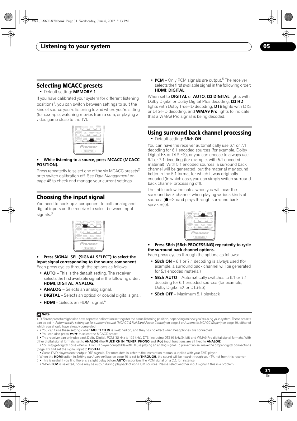 Listening to your system 05, Selecting mcacc presets, Choosing the input signal | Using surround back channel processing, Pcm – only pcm signals are output | Pioneer VSX-LX70 User Manual | Page 31 / 99