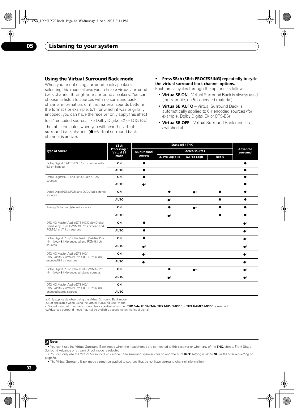 Using the virtual surround back mode, Listening to your system 05 | Pioneer VSX-LX70 User Manual | Page 32 / 99