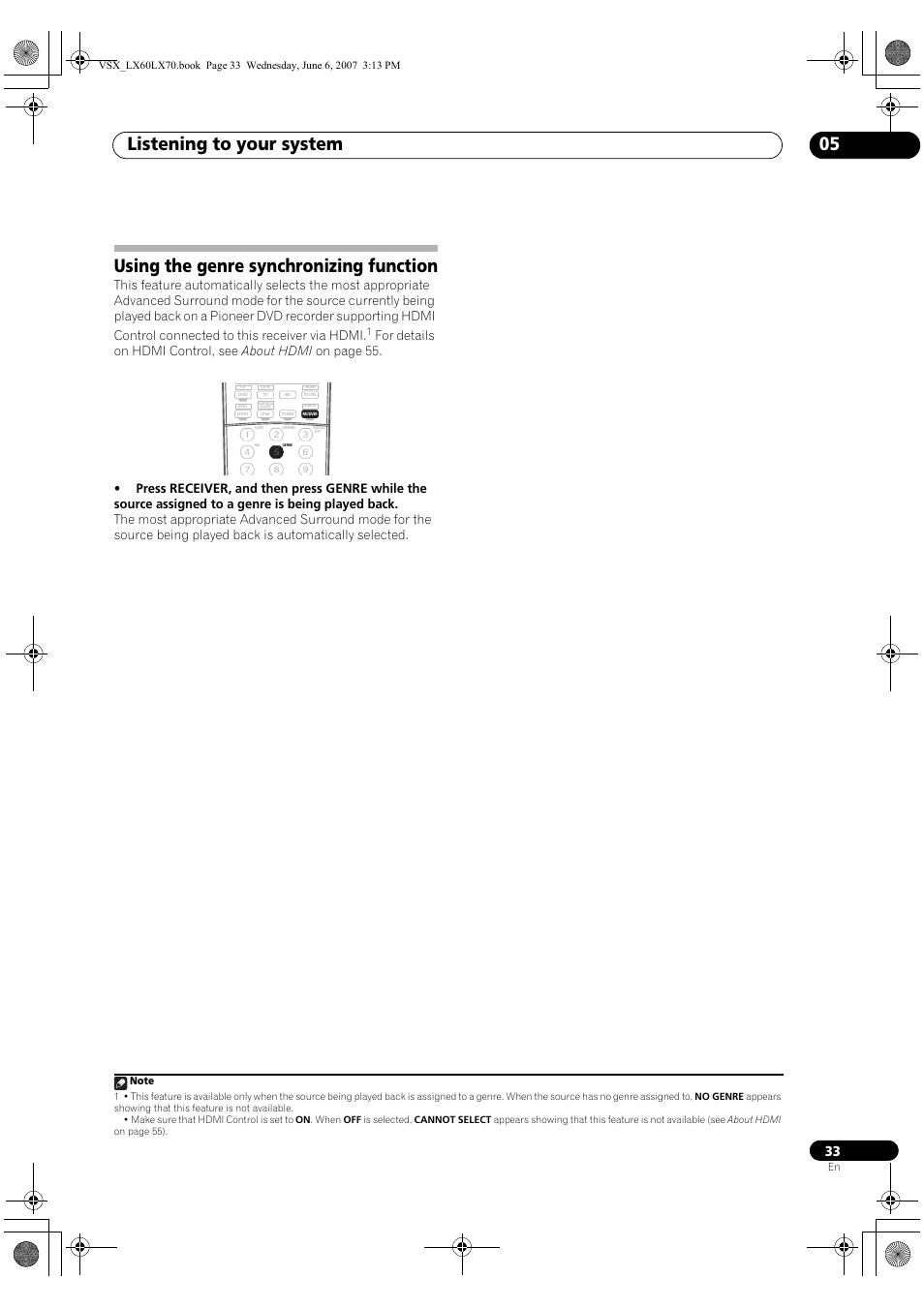 Using the genre synchronizing function, Listening to your system 05 | Pioneer VSX-LX70 User Manual | Page 33 / 99