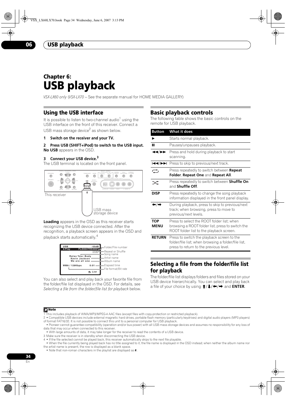 06 usb playback, Usb playback, Usb playback 06 | Chapter 6, Using the usb interface, Basic playback controls | Pioneer VSX-LX70 User Manual | Page 34 / 99