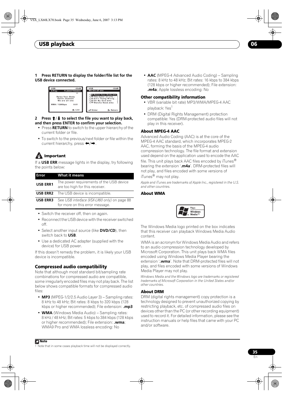 Compressed audio compatibility, Usb playback 06 | Pioneer VSX-LX70 User Manual | Page 35 / 99