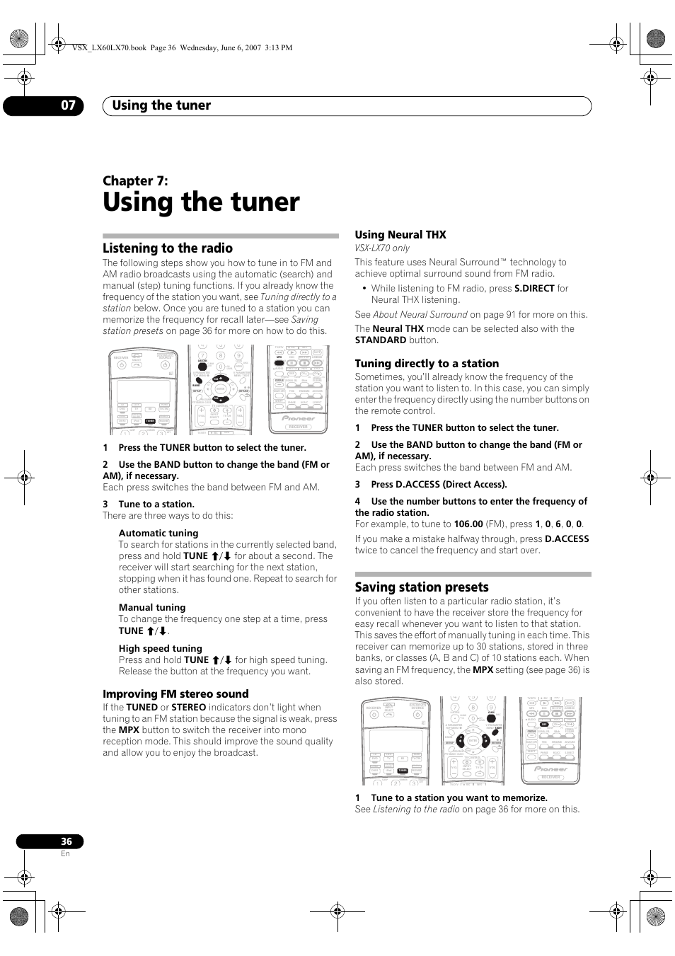 07 using the tuner, Listening to the radio, Saving station presets | Using the tuner, Using the tuner 07, Chapter 7, Improving fm stereo sound, Using neural thx, Tuning directly to a station | Pioneer VSX-LX70 User Manual | Page 36 / 99