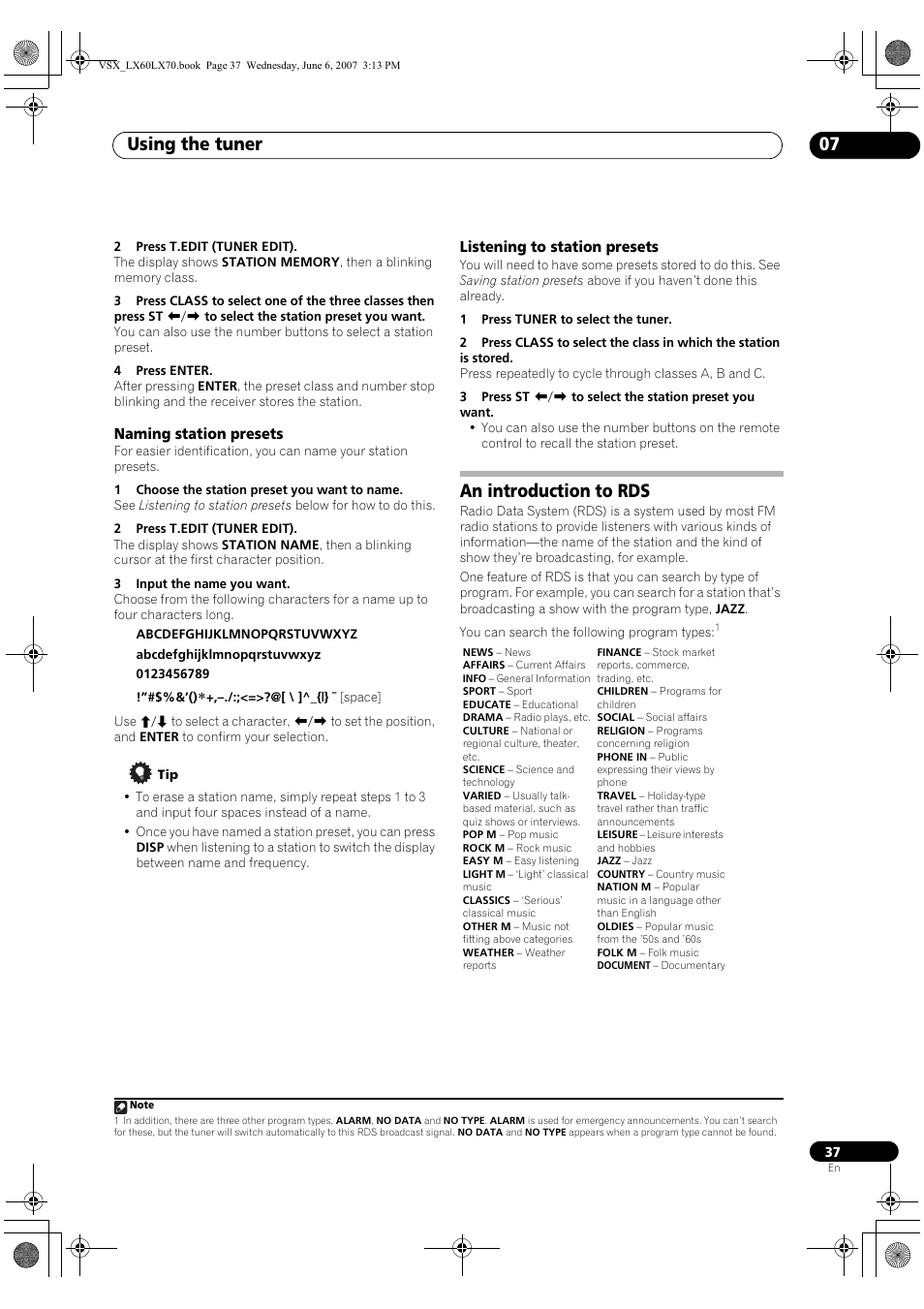 An introduction to rds, Using the tuner 07 | Pioneer VSX-LX70 User Manual | Page 37 / 99