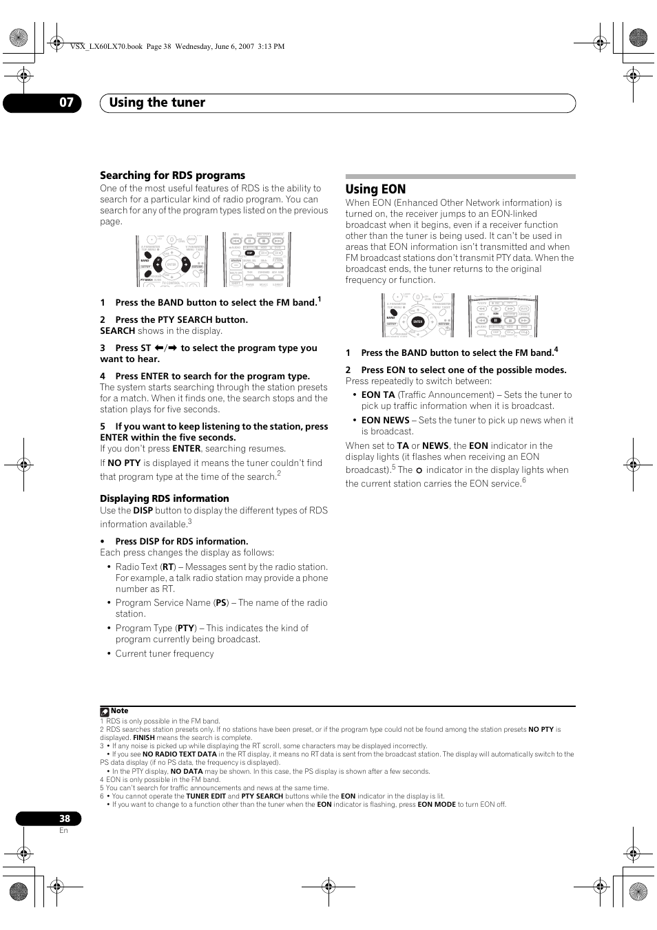 Searching for rds programs, Using eon, Using the tuner 07 | Displaying rds information | Pioneer VSX-LX70 User Manual | Page 38 / 99