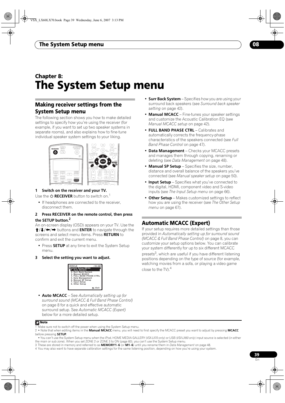 08 the system setup menu, The system setup menu, The system setup menu 08 | Chapter 8, Automatic mcacc (expert) | Pioneer VSX-LX70 User Manual | Page 39 / 99