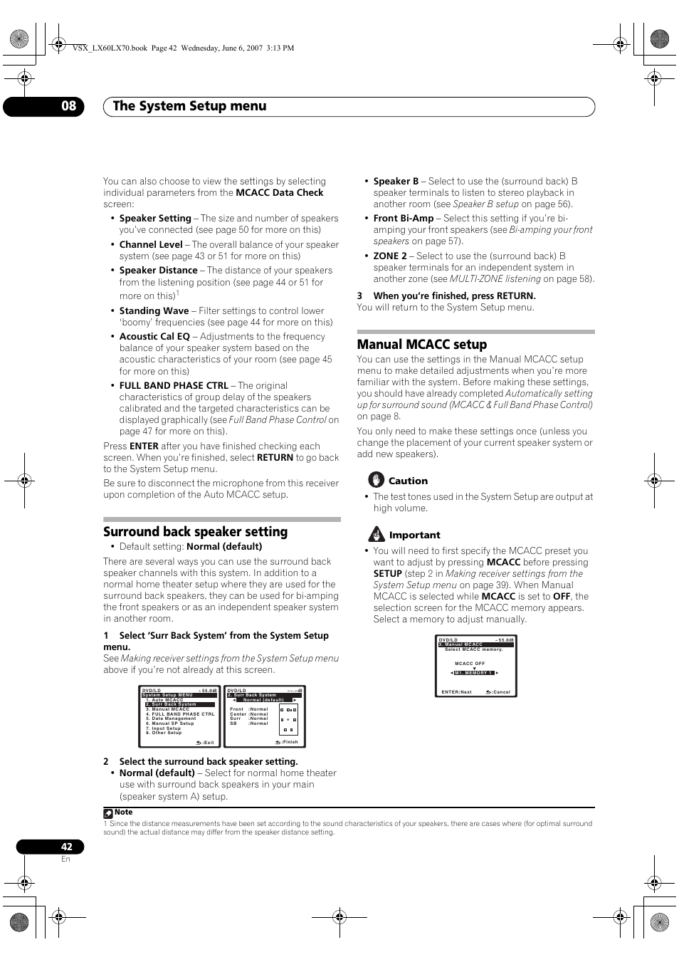 Surround back speaker setting manual mcacc setup, The system setup menu 08, Surround back speaker setting | Manual mcacc setup | Pioneer VSX-LX70 User Manual | Page 42 / 99