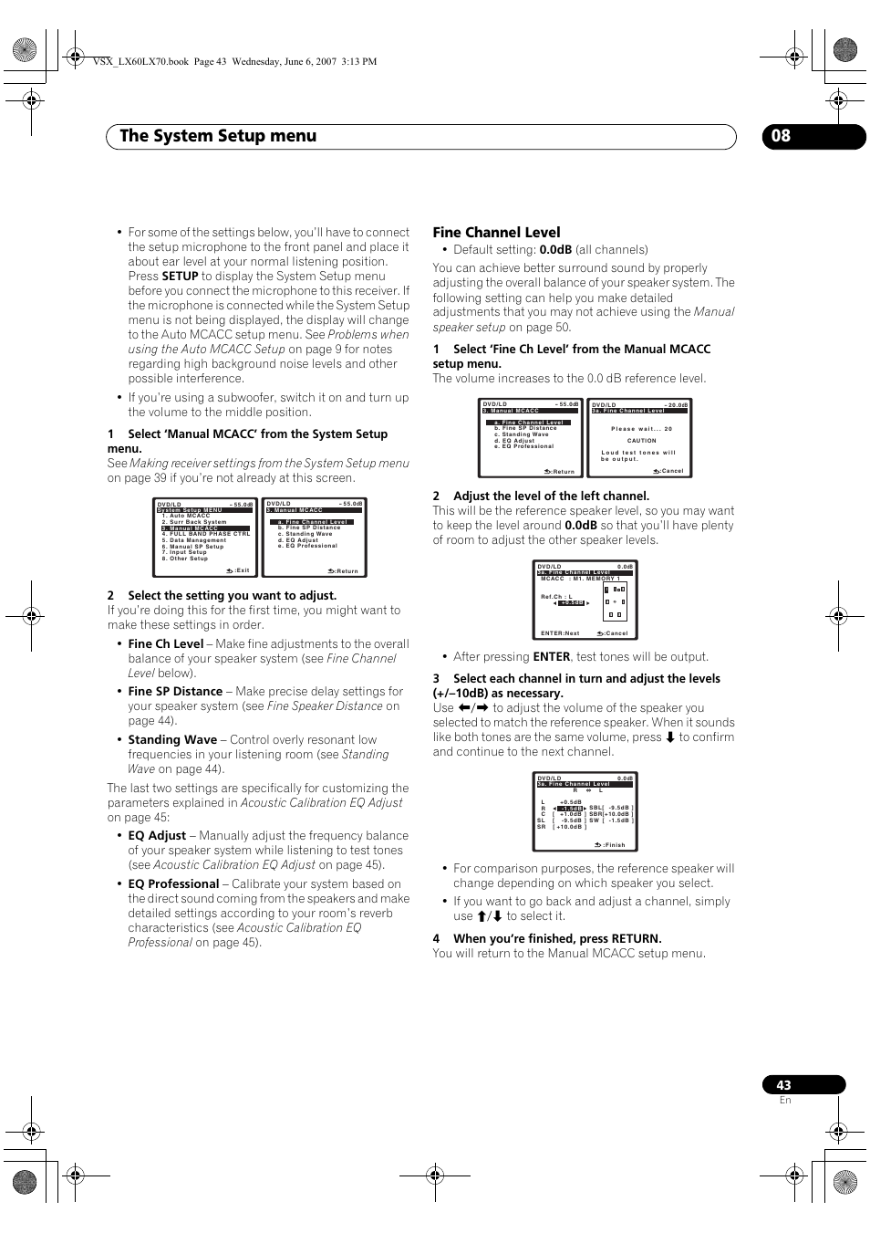 Fine channel level, The system setup menu 08 | Pioneer VSX-LX70 User Manual | Page 43 / 99