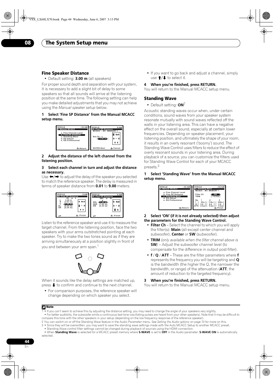 Fine speaker distance standing wave, The system setup menu 08, Fine speaker distance | Standing wave, Default setting: on | Pioneer VSX-LX70 User Manual | Page 44 / 99