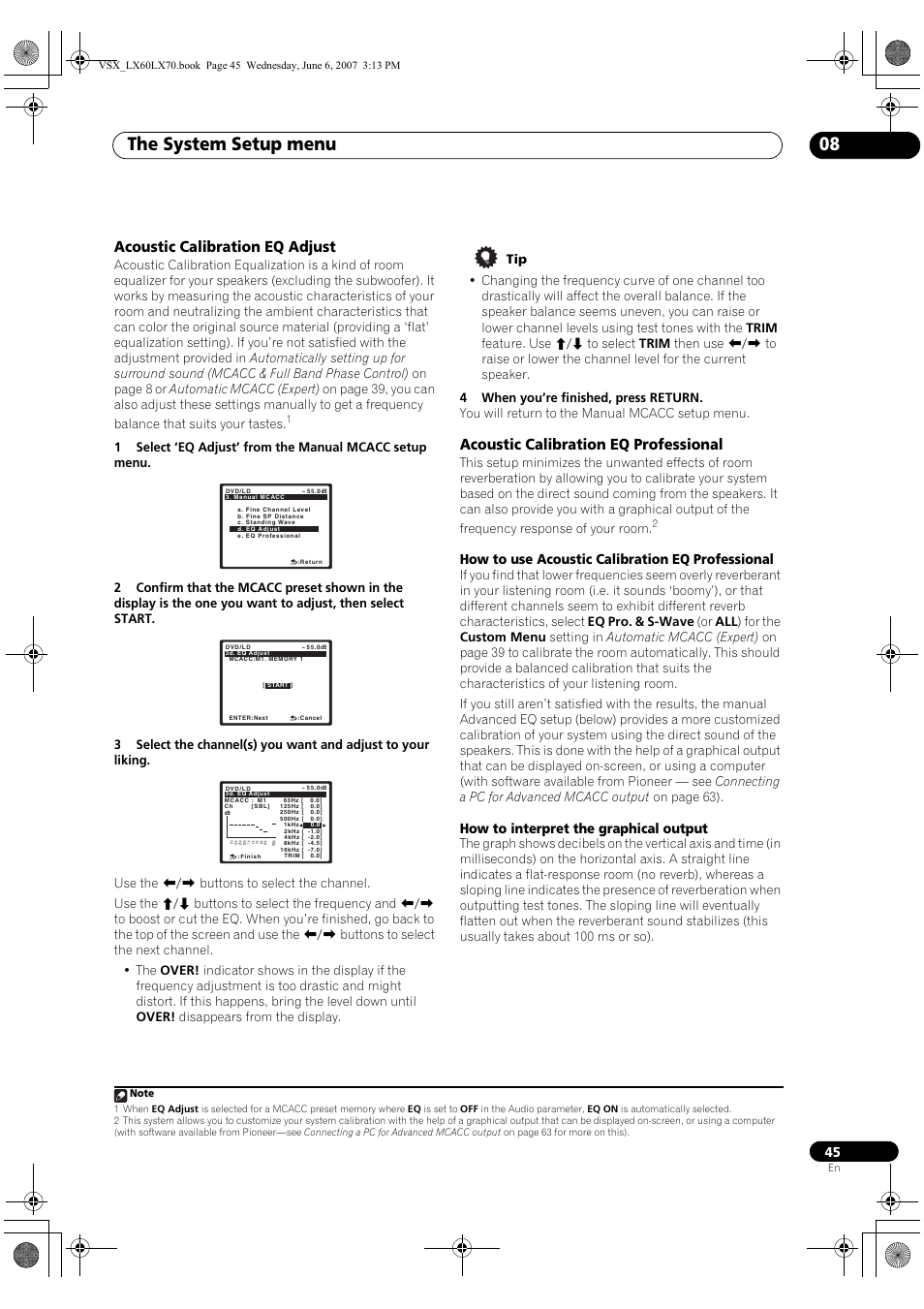 The system setup menu 08, Acoustic calibration eq adjust, Acoustic calibration eq professional | How to use acoustic calibration eq professional, How to interpret the graphical output | Pioneer VSX-LX70 User Manual | Page 45 / 99