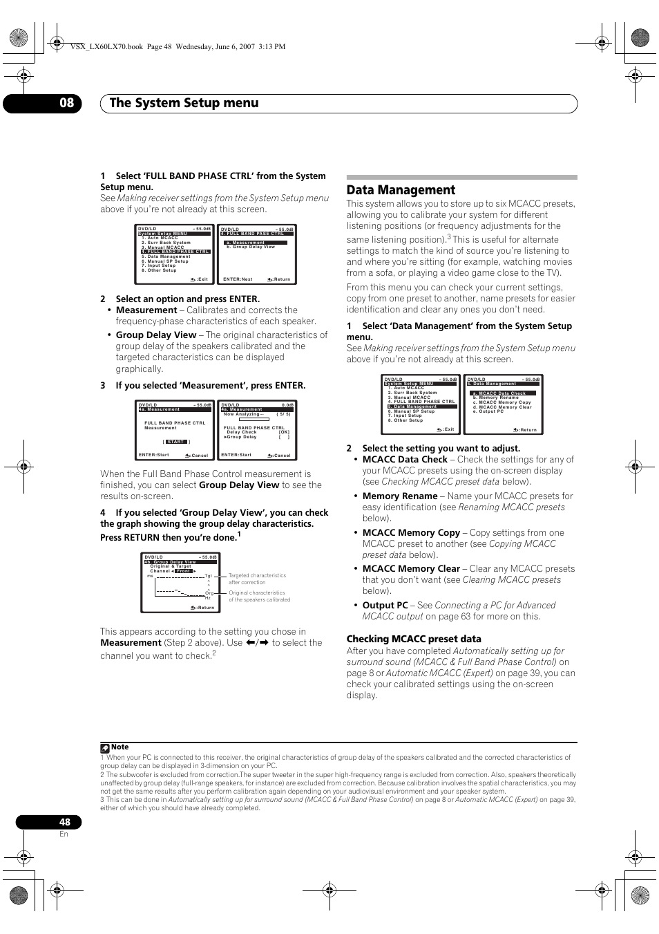 Data management, The system setup menu 08, Checking mcacc preset data | Pioneer VSX-LX70 User Manual | Page 48 / 99