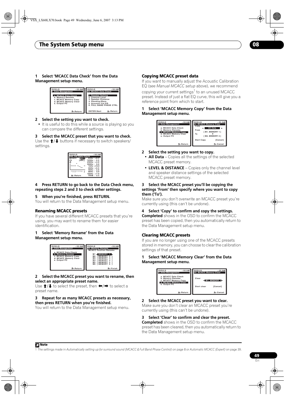 The system setup menu 08, Renaming mcacc presets, Copying mcacc preset data | Clearing mcacc presets | Pioneer VSX-LX70 User Manual | Page 49 / 99