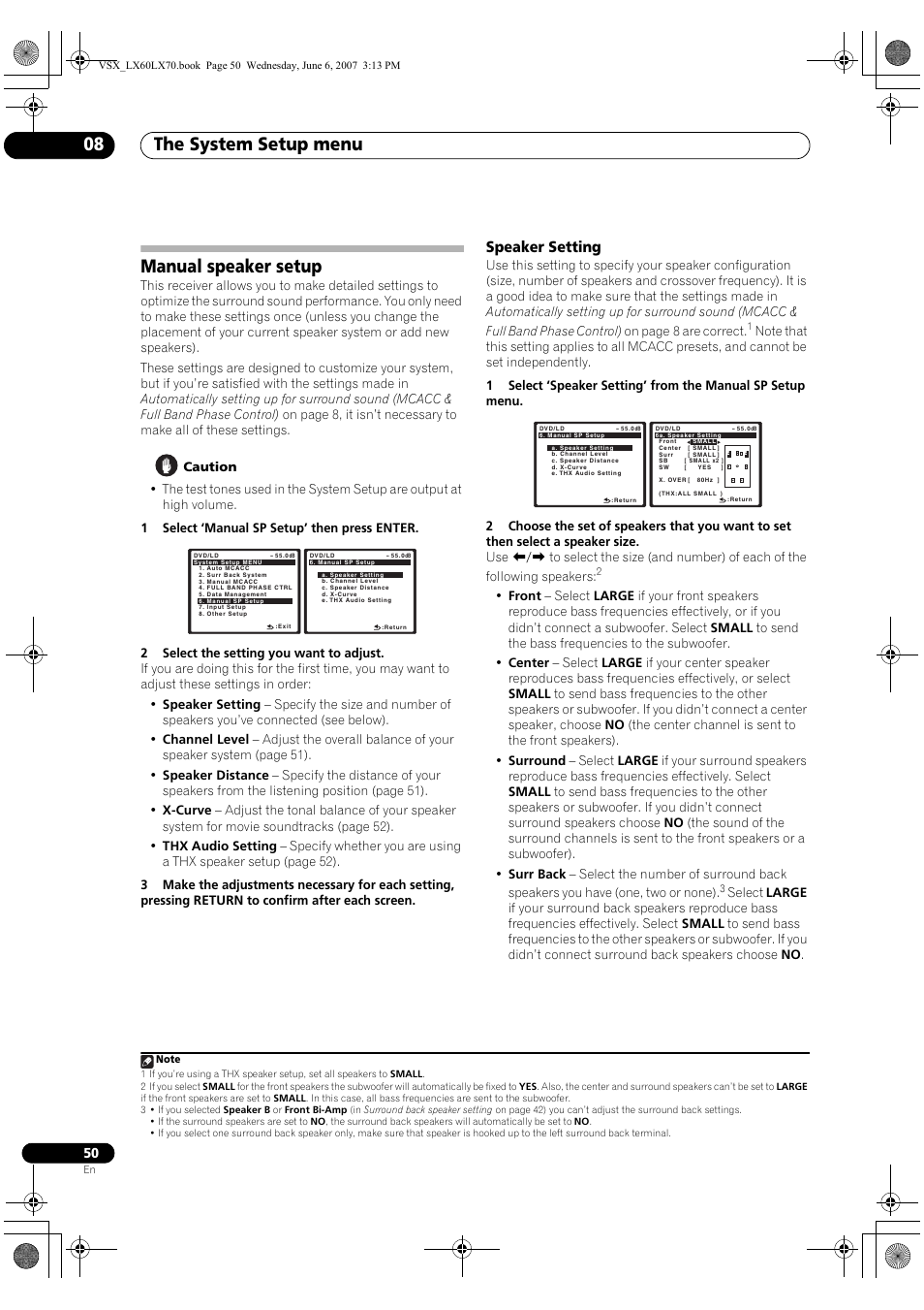 Manual speaker setup, Speaker setting, The system setup menu 08 | Pioneer VSX-LX70 User Manual | Page 50 / 99