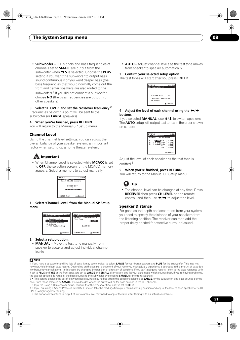 Channel level speaker distance, The system setup menu 08, Channel level | Speaker distance | Pioneer VSX-LX70 User Manual | Page 51 / 99