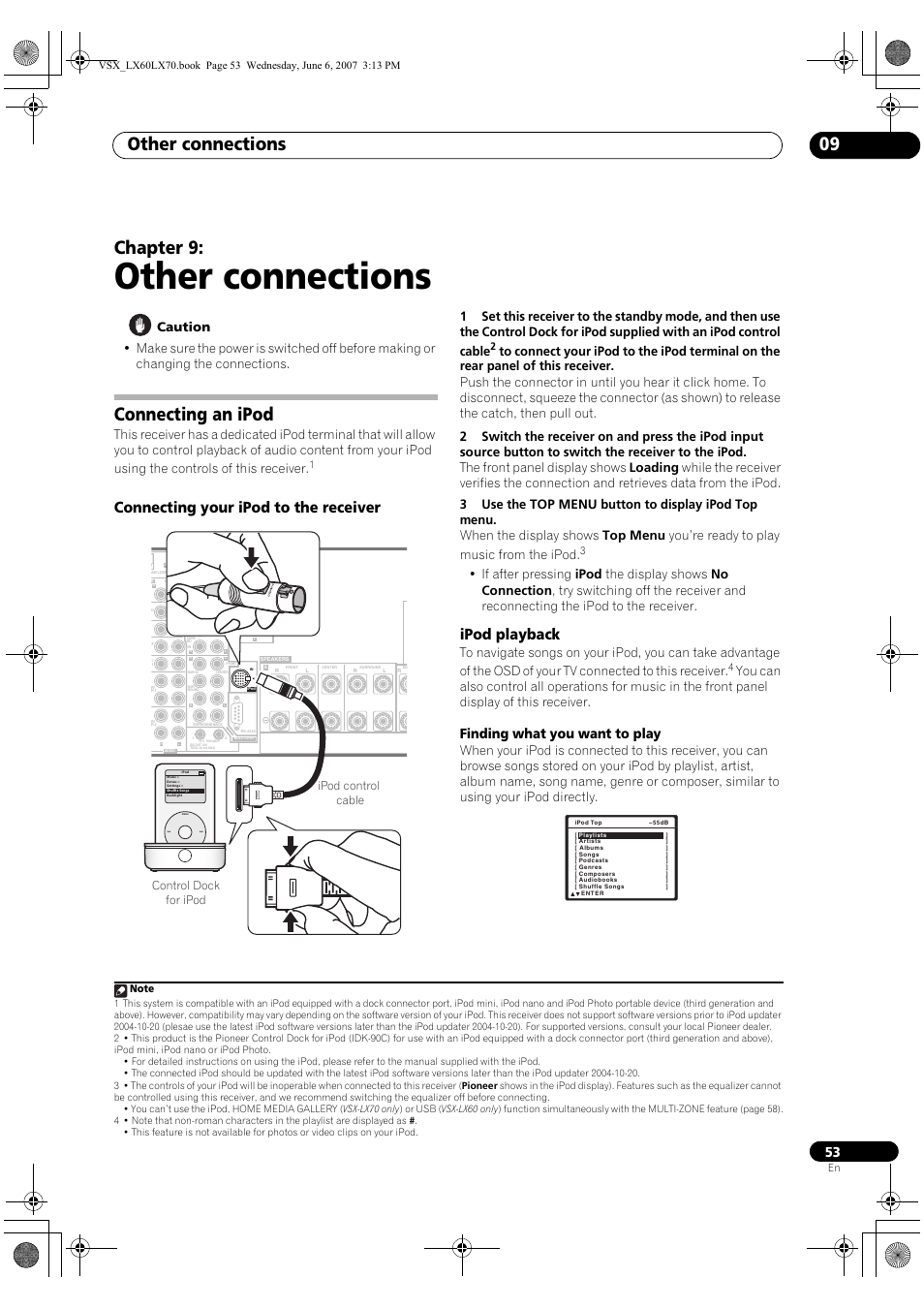 09 other connections, Connecting an ipod, Connecting your ipod to the receiver ipod playback | Other connections, Other connections 09, Chapter 9, Connecting your ipod to the receiver, Ipod playback, Finding what you want to play, Control dock for ipod ipod control cable | Pioneer VSX-LX70 User Manual | Page 53 / 99