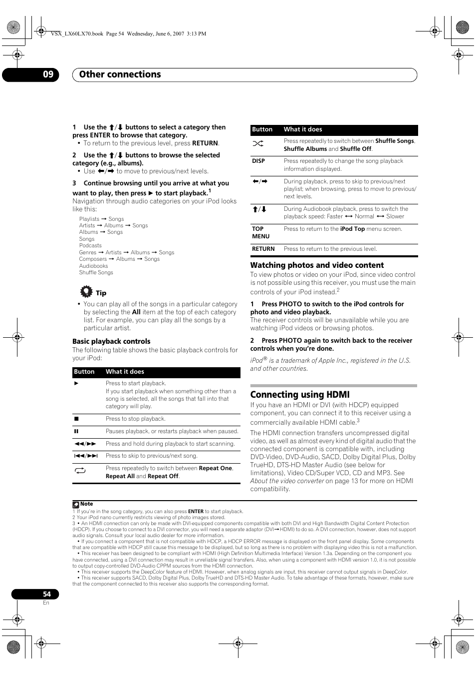 Watching photos and video content, Connecting using hdmi, Other connections 09 | Pioneer VSX-LX70 User Manual | Page 54 / 99