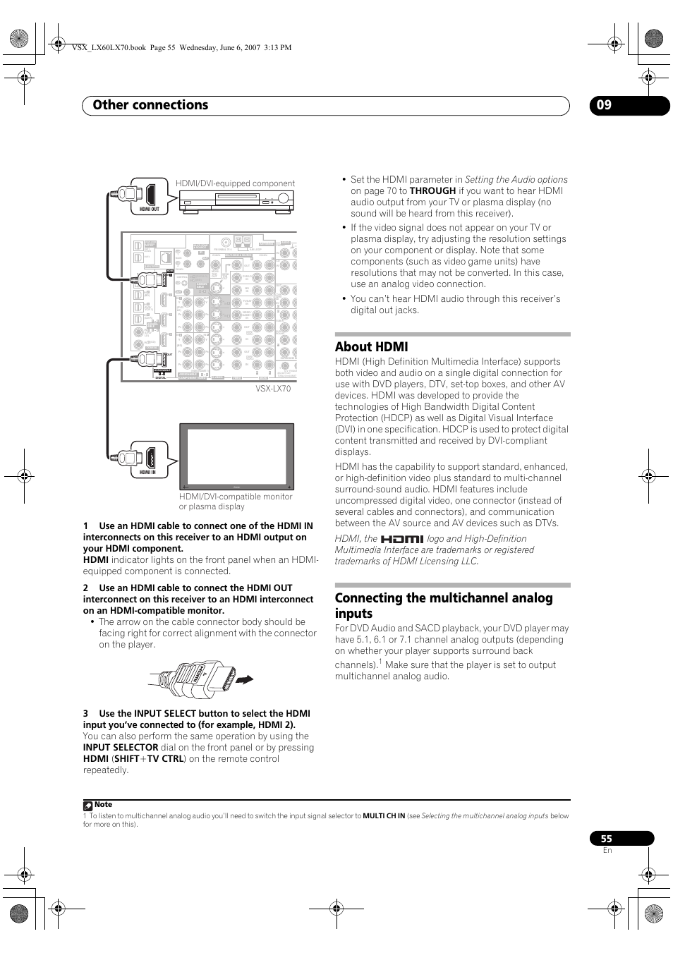 Other connections 09, About hdmi, Connecting the multichannel analog inputs | Pioneer VSX-LX70 User Manual | Page 55 / 99