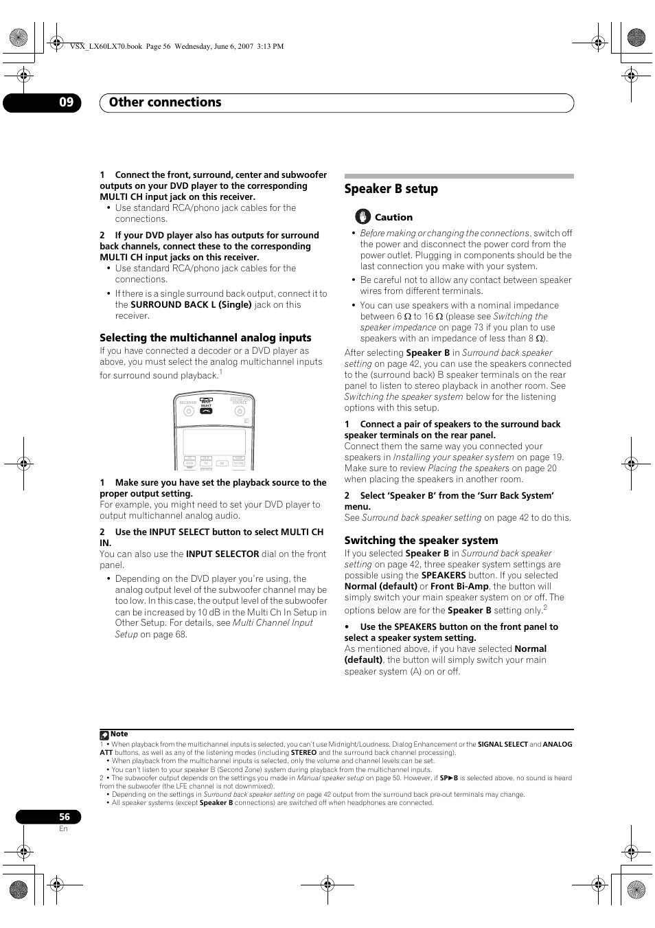 Selecting the multichannel analog inputs, Speaker b setup, Switching the speaker system | Other connections 09 | Pioneer VSX-LX70 User Manual | Page 56 / 99