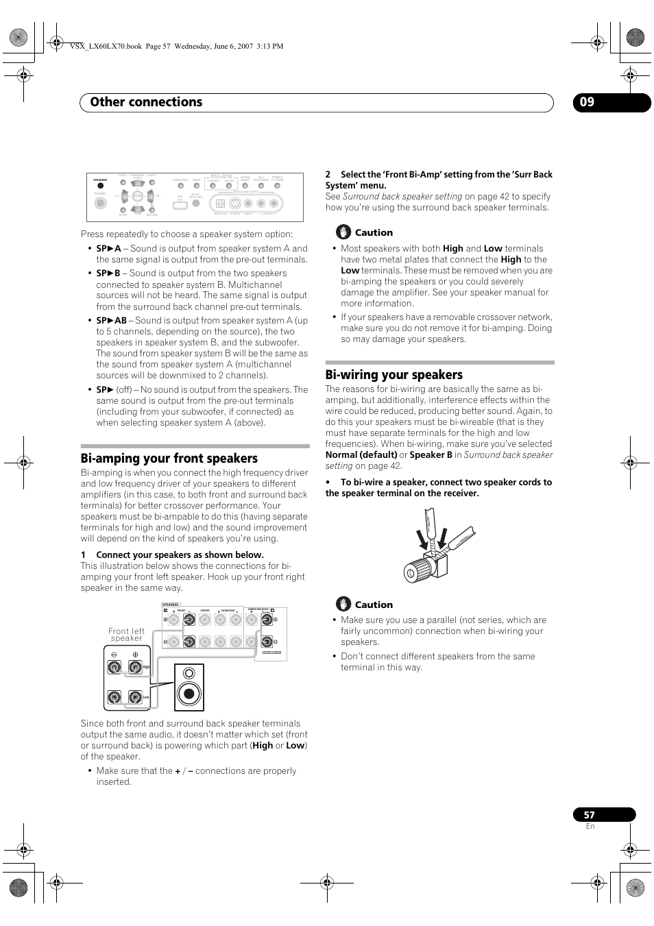 Other connections 09, Bi-amping your front speakers, Bi-wiring your speakers | Pioneer VSX-LX70 User Manual | Page 57 / 99