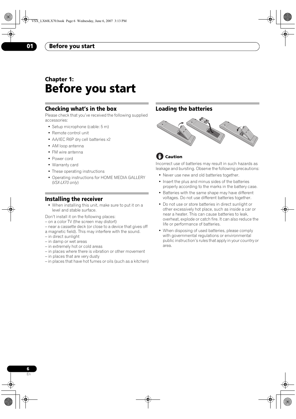 01 before you start, Before you start, Before you start 01 | Chapter 1, Checking what’s in the box, Installing the receiver, Loading the batteries | Pioneer VSX-LX70 User Manual | Page 6 / 99