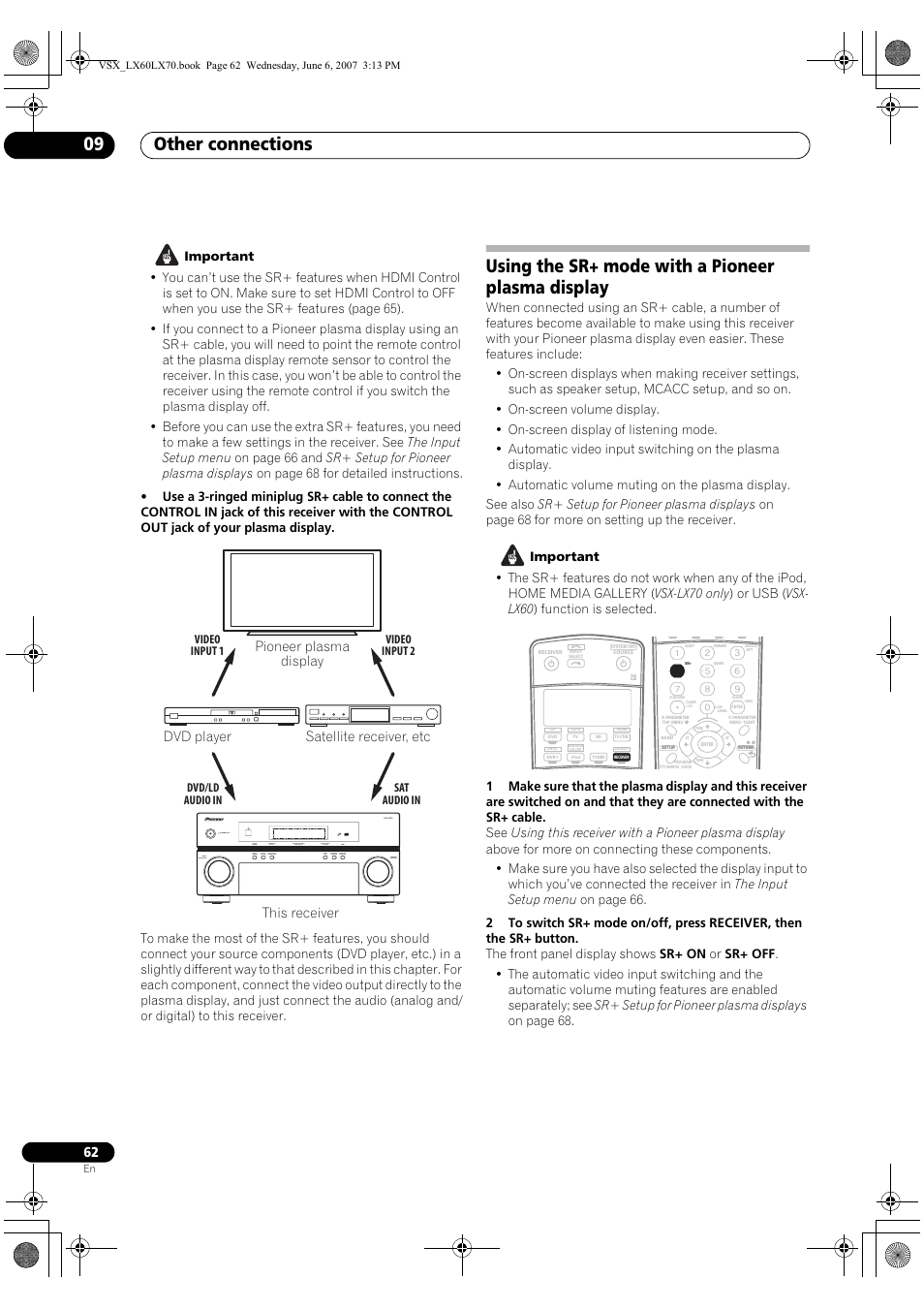 Using the sr+ mode with a pioneer plasma display, Other connections 09 | Pioneer VSX-LX70 User Manual | Page 62 / 99