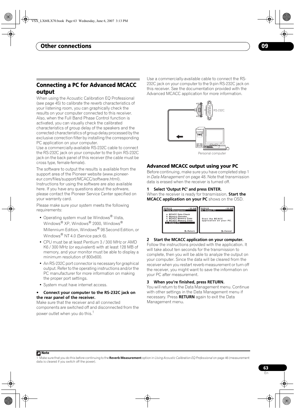 Connecting a pc for advanced mcacc output, Advanced mcacc output using your pc, Other connections 09 | Pioneer VSX-LX70 User Manual | Page 63 / 99